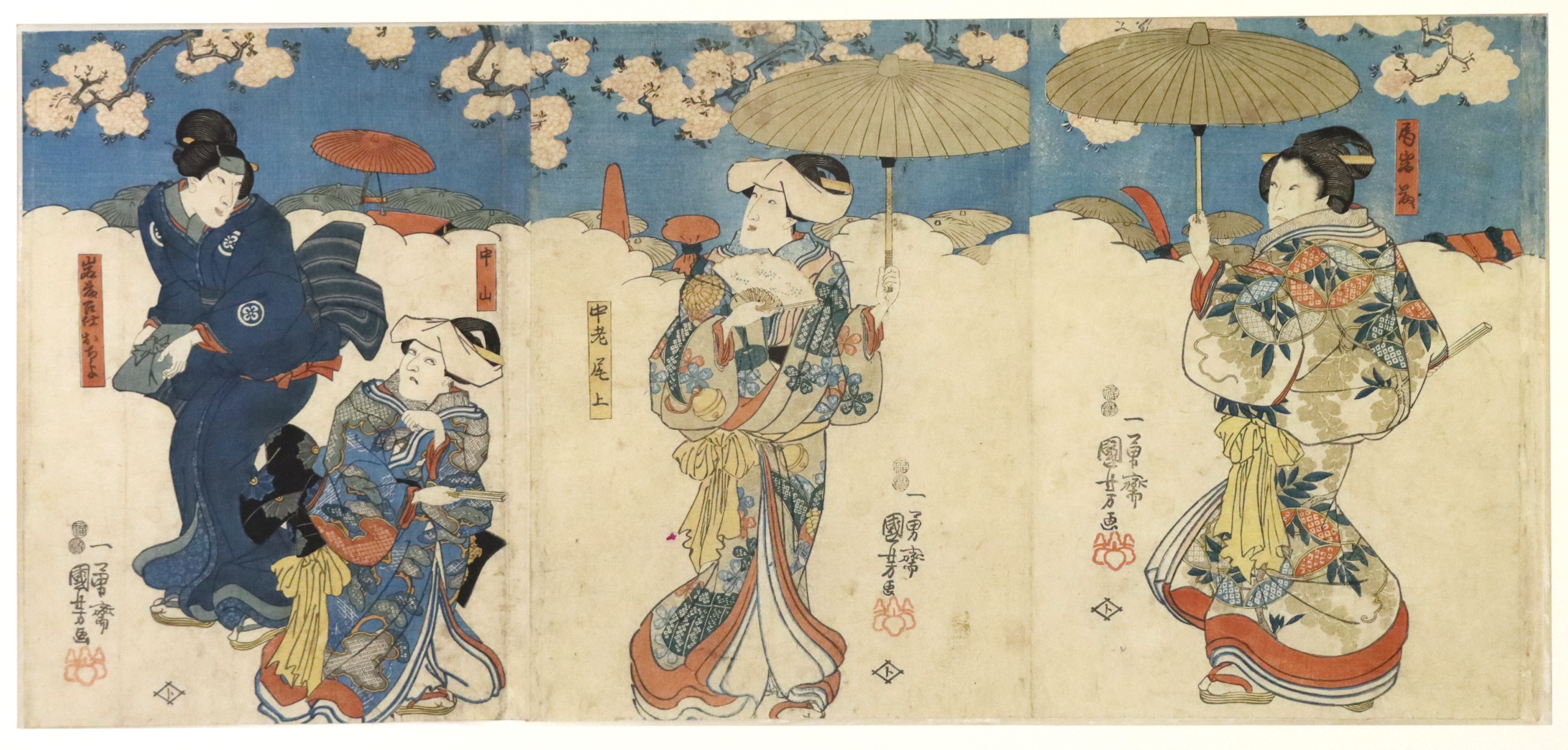 Acteurs, trois gravures sur bois au format oban tate-e, circa 1847-52