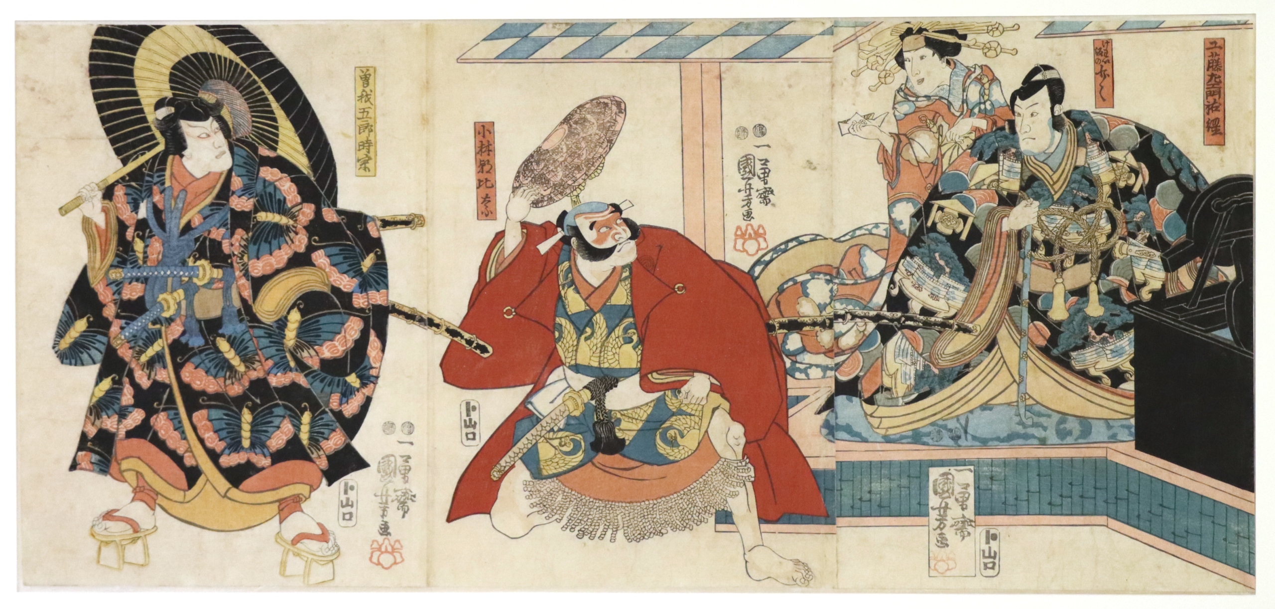 Acteurs, trois gravures sur bois au format oban tate-e, circa 1850