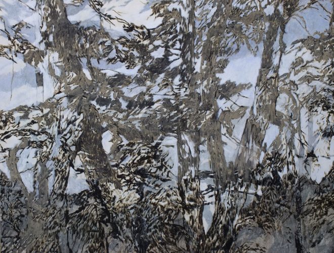 Jacques Dubois, Arbres, cendre, charbon de bois, gesso, pigments et liant acrylique sur toile, 130 x 162 cm, 2016-17