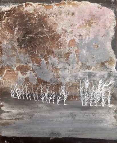 Jean-Gilles Badaire, J'ai toujours joué dans les arbres, technique mixte sur toile, 27 x 22 cm, 2020