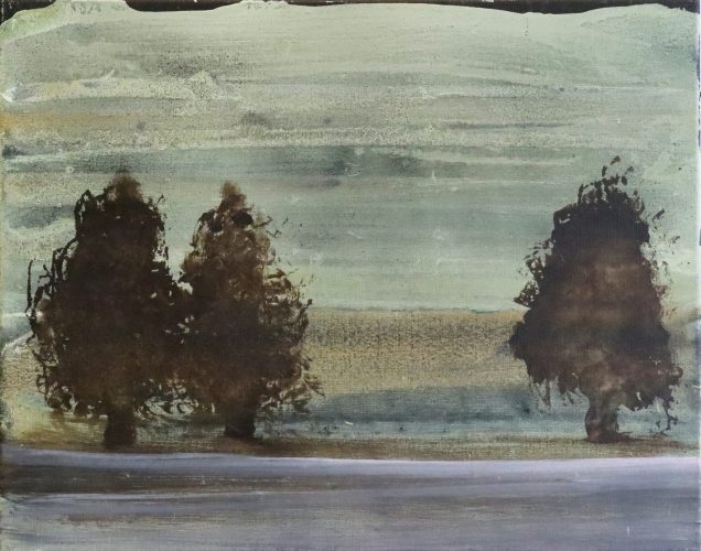 Jean-Gilles Badaire, L'alignement des chênes, technique mixte sur toile, 50 x 65 cm, 2021