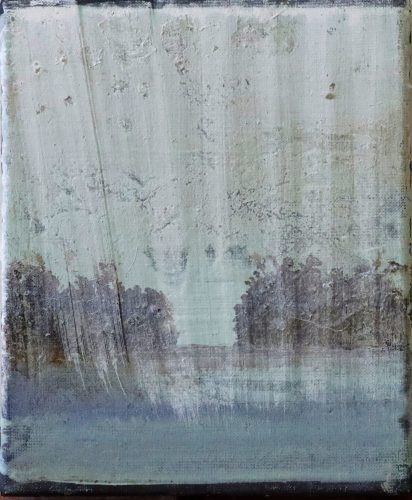 Jean-Gilles Badaire, La pluie sur l'étang de Saumery, technique mixte sur toile, 27 x 22 cm, 2020