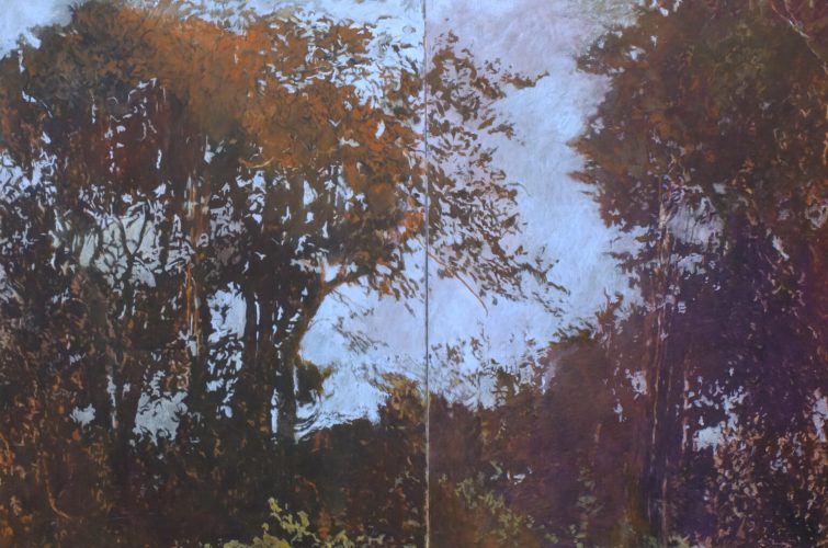 Jacques Dubois, Groupe d’arbres, cendre, pigments et liant acrylique sur toile, diptyque 130 x 194 cm, 2022