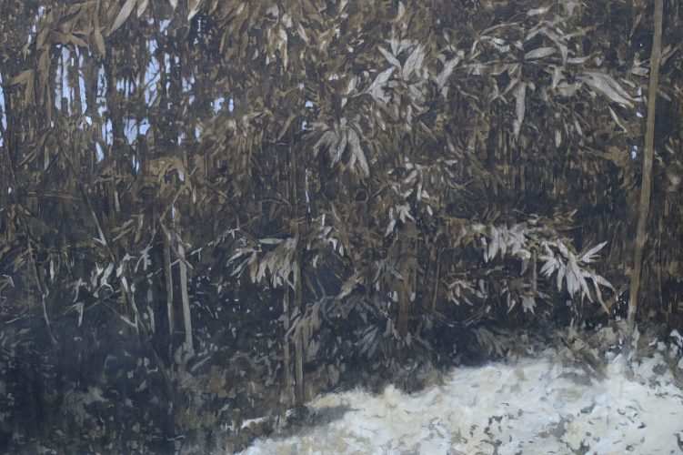 Jacques Dubois, Bambous I, cendre, charbon de bois, gesso, pigments et liant acrylique sur toile, 114 x 162 cm, 2020