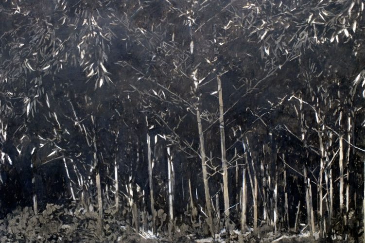 Jacques Dubois, Bambous, cendre, charbon de bois, gesso, pigments et liant acrylique sur toile, 114 x 162 cm, 2019