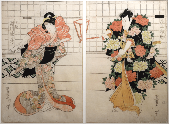 Scène de théâtre kabuki, gravures sur bois (diptyque) nishiki-e au format oban tate-e, 1812