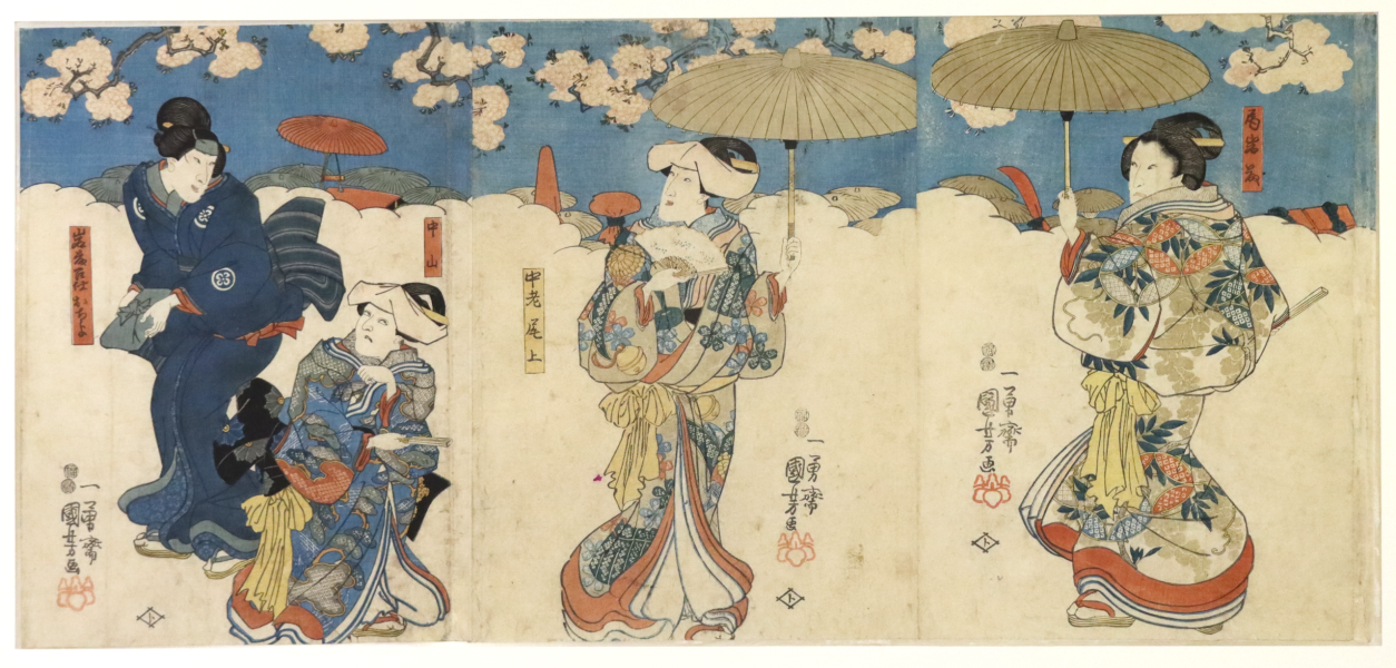 Acteurs, trois gravures sur bois au format oban tate-e, circa 1847-52