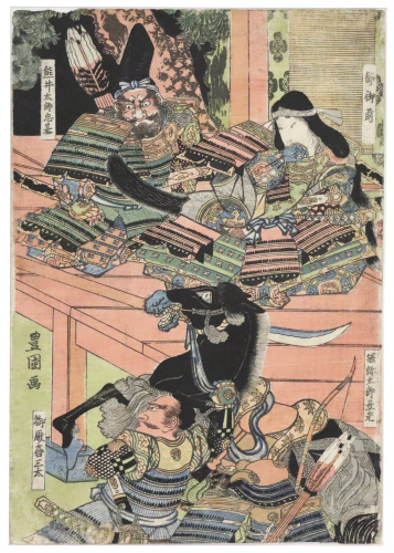 Scène de théâtre kabuki, gravure sur bois au format oban tate-e, circa 1800