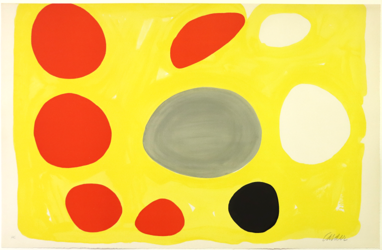 Alexander Calder, Grande composition sur fond jaune, lithographie en couleurs signée et justifiée HC par l'artiste,  74.2 x 115 cm, 1974