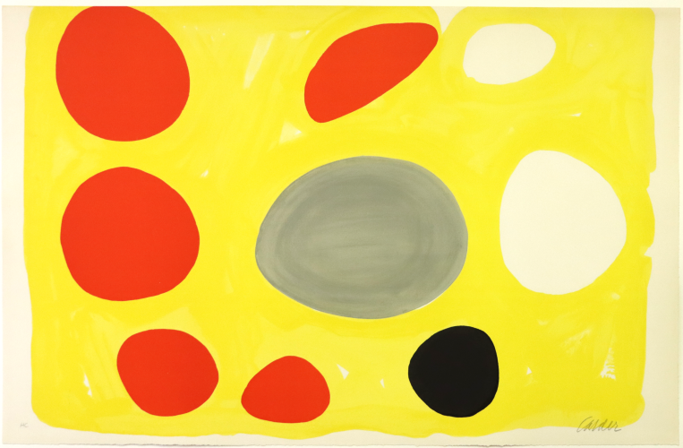Alexander Calder, Grande composition sur fond jaune, lithographie en couleurs signée et justifiée HC par l'artiste, 74.2 x 115 cm, 1974
