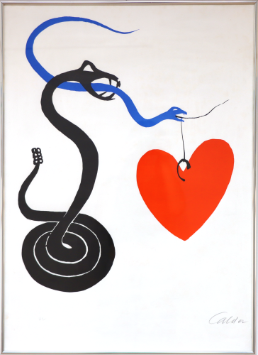 Alexander Calder, Le serpent au cœur, lithographie sur BFK Rives signée et justifiée HC au crayon par l'artiste, 75 x 54.5 cm, 1972