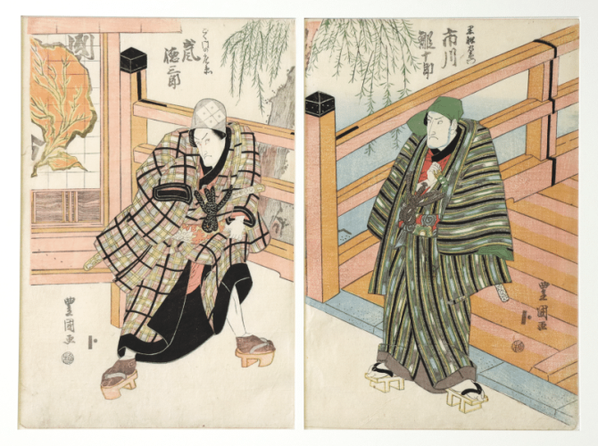 Scène de théâtre kabuki, gravures sur bois (diptyque) nishiki-e au format oban tate-e, 1821