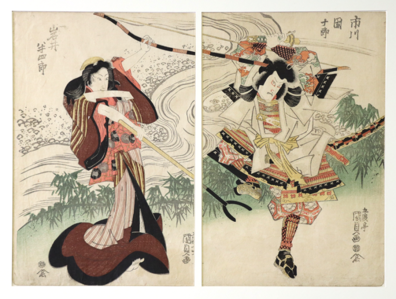 Scène de théâtre kabuki, gravures sur bois (diptyque) nishiki-e au format oban tate-e, cachet de censeur "Kiwame", 1816