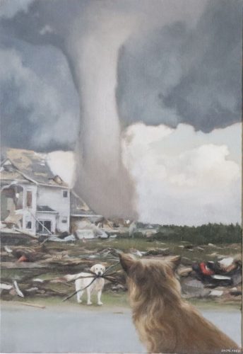 Sacré Fred, Dogs and tornado, huile sur toile, 55 x 38 cm, 2022