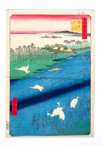 Planche 67 de la série des Cent vues d'Edo, gravure sur bois nishiki-e au format oban tate-e, 1857