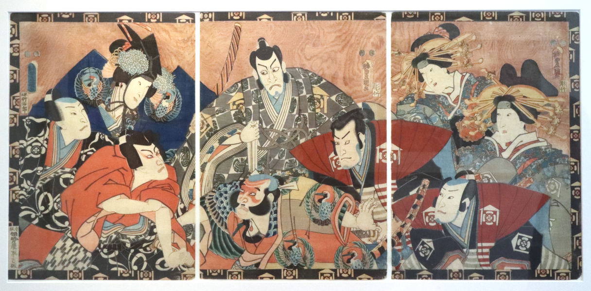 Acteurs, gravures sur bois nishiki-e, trois planches au format oban tate-e, 1852