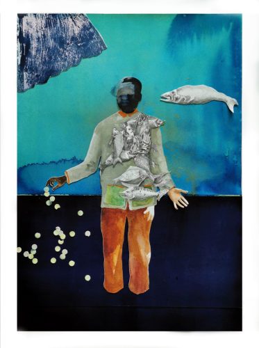 Marie-Anita Gaube, Fisherman, 43 x 31 cm, techniques mixtes sur papier, 2023