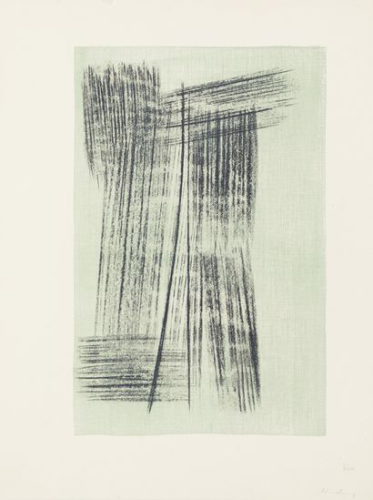 Hans Hartung, L 50, autographie reportée sur zinc sur vélin d'Arches, signée, annotée « bien » par l'artiste, et titrée et annotée « 1 ex. » au verso, 76.2 x 56.5 cm, 1958